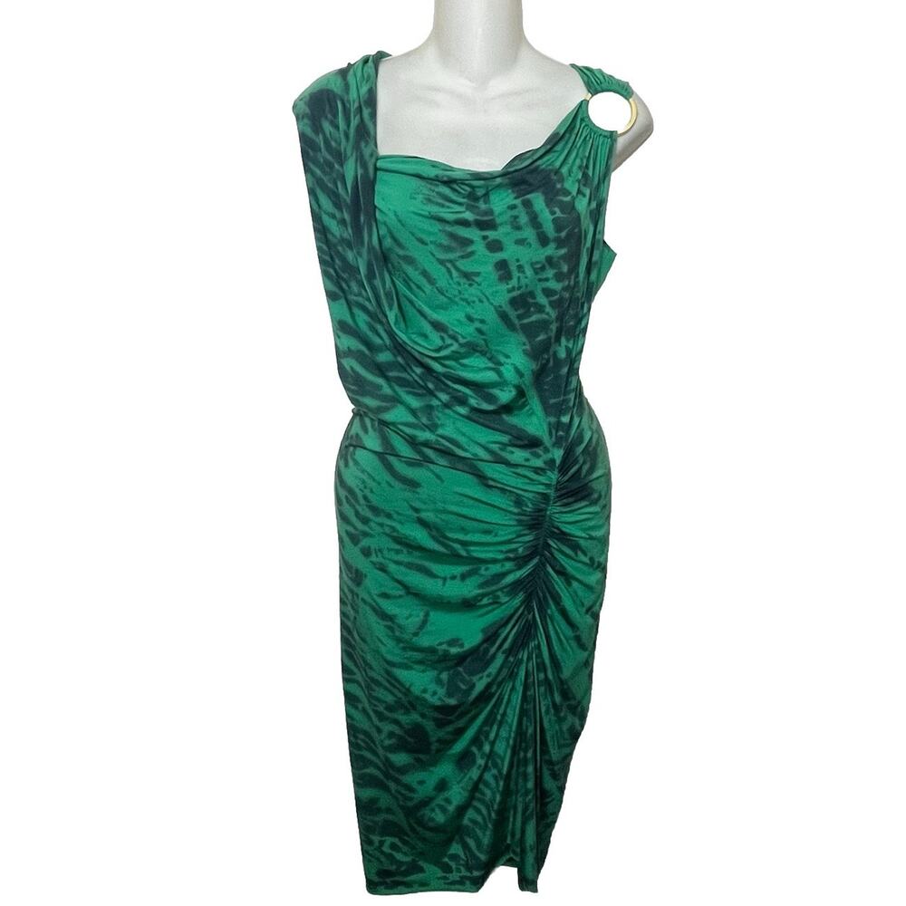 Michelle Jonas Green Tie Dye Ombre Gold Ring Ruched Dress Sz Small Resort Travel